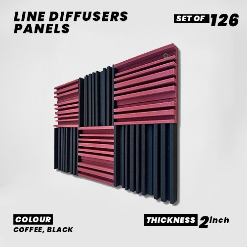 Line Diffusers Panels - Set of 126 | 1 Sqft, 2" Thick | 50 Density | Premium Grade | 3D Structure Broadband Sound Absorber - Periodic Groove Structure | 63 COFFEE, 63 BLACK