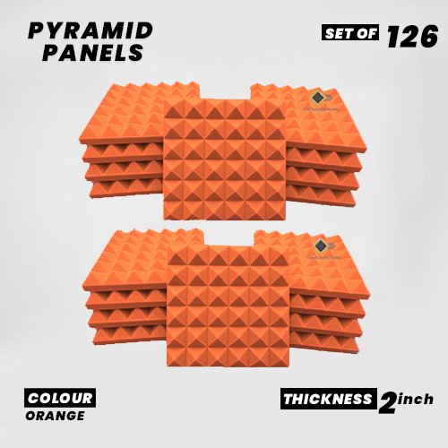 Pyramid Panels - Set of 126 | 1 Sqft, 2" Thick | 50 Density Studio Noise Reduction, Echo Absorption | Premium Grade | 3D Structure | ORANGE