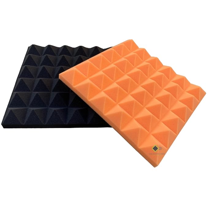 Pyramid Panels - Set of 18 | 1 Sqft, 2" Thick | 50 Density Studio Noise Reduction, Echo Absorption | Premium Grade | 3D Structure | 9 ORANGE, 9 BLACK