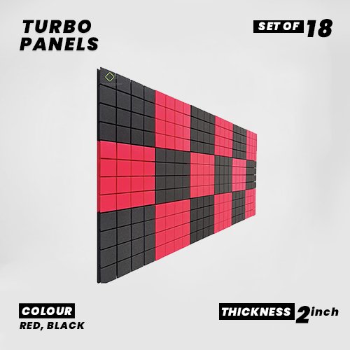 Turbo Panels - Set of 18 | 1 Sqft, 2" Thick | 50 Density Studio Noise Reduction, Echo Absorption | Premium Grade | 3D Structure with Grooves | 9 RED, 9 BLACK