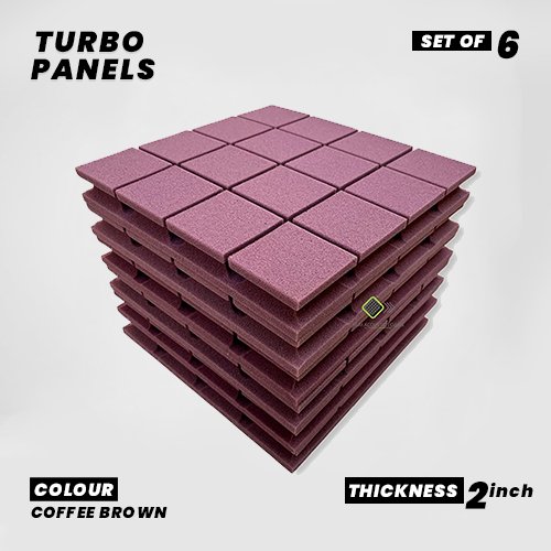 Turbo Panels - Set of 6 | 1 Sqft, 2" Thick | 50 Density Studio Noise Reduction, Echo Absorption | Premium Grade | 3D Structure with Grooves | COFFEE BROWN