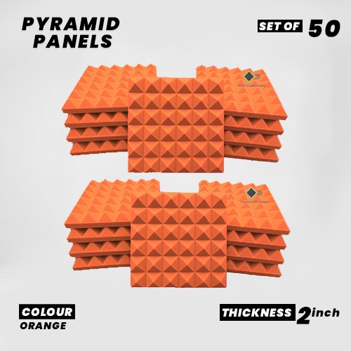 Pyramid Panels - Set of 50 | 1 Sqft, 2" Thick | 50 Density Studio Noise Reduction, Echo Absorption | Premium Grade | 3D Structure | ORANGE