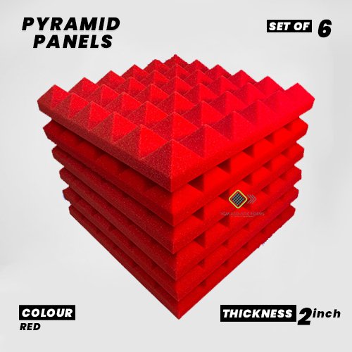 Pyramid Panels - Set of 6 | 1 Sqft, 2" Thick | 50 Density Studio Noise Reduction, Echo Absorption | Premium Grade | 3D Structure | RED