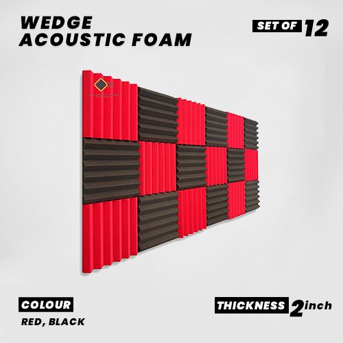 Wedge Panels - Set of 12 | 1 Sqft, 2" Thick | 50 Density Studio Noise Reduction, Echo Absorption | Premium Grade | 3D Structure | 6 RED, 6 BLACK