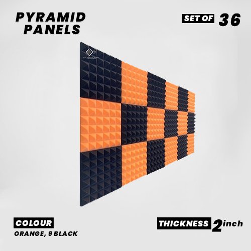 Pyramid Panels - Set of 36 | 1 Sqft, 2" Thick | 50 Density Studio Noise Reduction, Echo Absorption | Premium Grade | 3D Structure | 18 ORANGE 18 BLACK