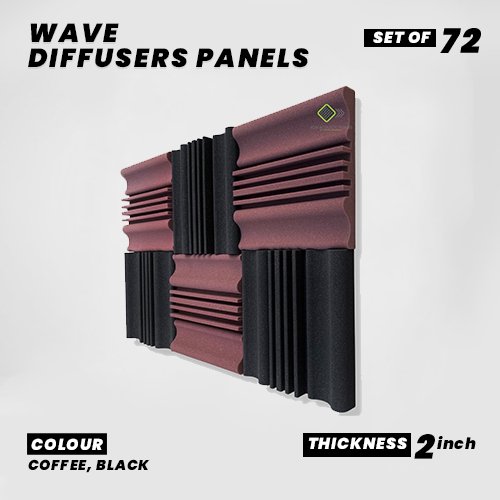 Wave Diffusers Panels - Set of 72 | 1 Sqft, 2" Thick | 50 Density | Premium Grade | 3D Structure Broadband Sound Absorber - Periodic Groove Structure | 36 COFFEE, 36 BLACK