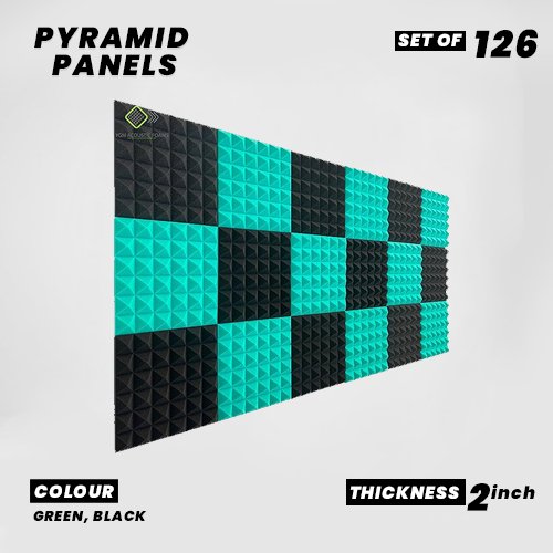 Pyramid Panels - Set of 126 | 1 Sqft, 2" Thick | 50 Density Studio Noise Reduction, Echo Absorption | Premium Grade | 3D Structure | 63 GREEN, 63 BLACK