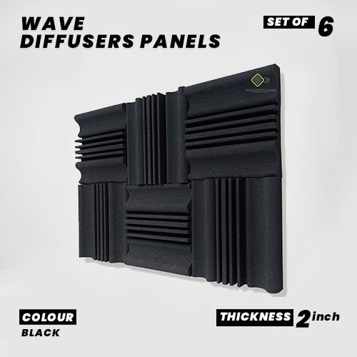 Wave Diffusers Panels - Set of 6 | 1 Sqft, 2" Thick | 50 Density | Premium Grade | 3D Structure Broadband Sound Absorber - Periodic Groove Structure | BLACK