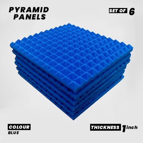 Pyramid Panels - Set of 6 | 1 Sqft, 1" Thick | 50 Density Studio Noise Reduction, Echo Absorption | Premium Grade | 3D Structure | BLUE