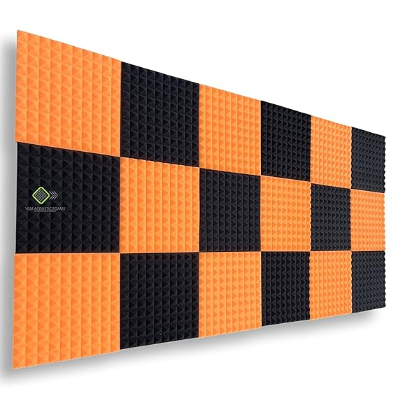 Pyramid Panels - Set of 72 | 1 Sqft, 1" Thick | 50 Density Studio Noise Reduction, Echo Absorption | Premium Grade | 3D Structure | 36 ORANGE, 36 BLACK