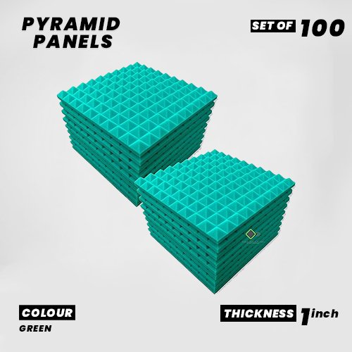 Pyramid Panels - Set of 100 | 1 Sqft, 1" Thick | 50 Density Studio Noise Reduction, Echo Absorption | Premium Grade | 3D Structure | GREEN