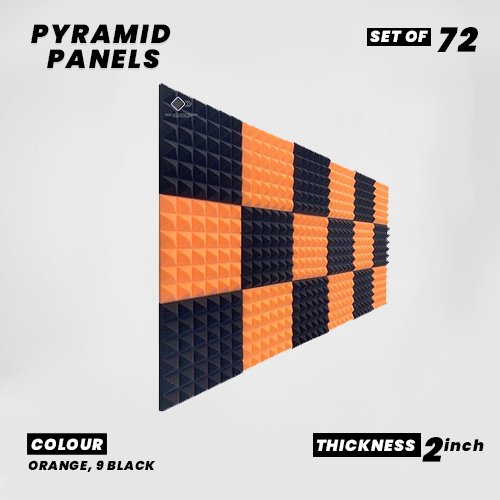 Pyramid Panels - Set of 72 | 1 Sqft, 2" Thick | 50 Density Studio Noise Reduction, Echo Absorption | Premium Grade | 3D Structure | 36 ORANGE, 36 BLACK