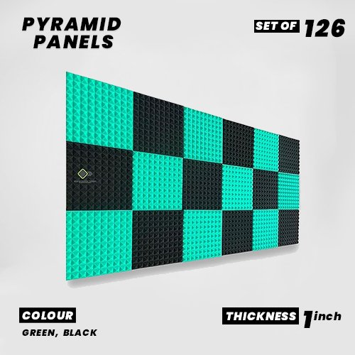 Pyramid Panels - Set of 126 | 1 Sqft, 1" Thick | 50 Density Studio Noise Reduction, Echo Absorption | Premium Grade | 3D Structure | 63 GREEN, 63 BLACK