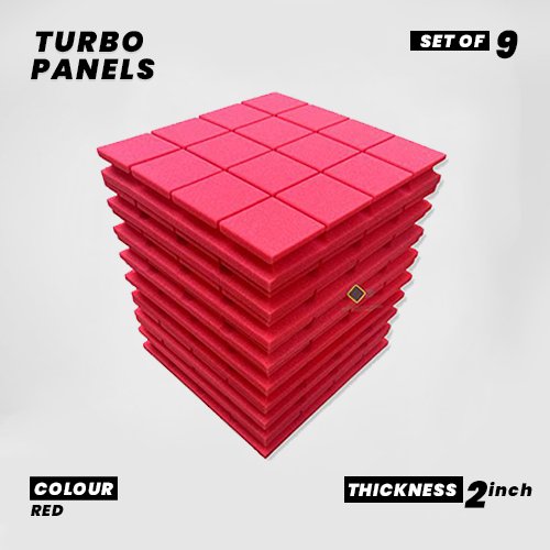 Turbo Panels - Set of 9 | 1 Sqft, 2" Thick | 50 Density Studio Noise Reduction, Echo Absorption | Premium Grade | 3D Structure with Grooves | RED