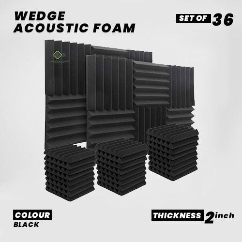 Wedge Panels - Set of 36 | 1 Sqft, 2" Thick | 50 Density Studio Noise Reduction, Echo Absorption | Premium Grade | 3D Structure | BLACK