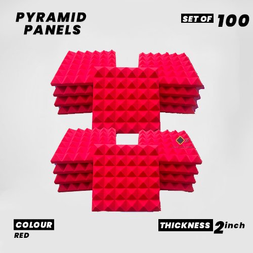 Pyramid Panels - Set of 100 | 1 Sqft, 2" Thick | 50 Density Studio Noise Reduction, Echo Absorption | Premium Grade | 3D Structure | RED