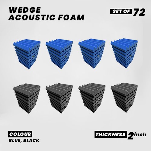 Wedge Panels - Set of 72 | 1 Sqft, 2" Thick | 50 Density Studio Noise Reduction, Echo Absorption | Premium Grade | 3D Structure | 36 BLUE, 36 BLACK