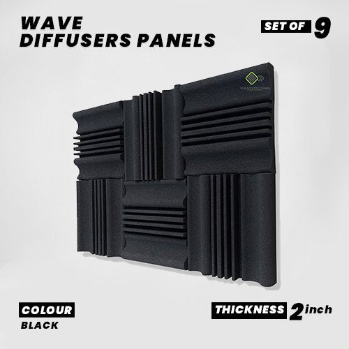 Wave Diffusers Panels - Set of 9 | 1 Sqft, 2" Thick | 50 Density | Premium Grade | 3D Structure Broadband Sound Absorber - Periodic Groove Structure | BLACK