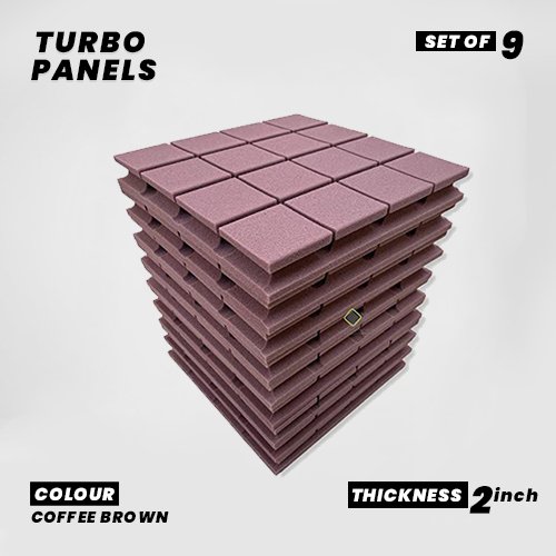 Turbo Panels - Set of 9 | 1 Sqft, 2" Thick | 50 Density Studio Noise Reduction, Echo Absorption | Premium Grade | 3D Structure with Grooves | COFFEE BROWN