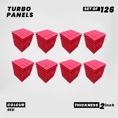 Turbo Panels - Set of 126 | 1 Sqft, 2" Thick | 50 Density Studio Noise Reduction, Echo Absorption | Premium Grade | 3D Structure with Grooves | RED