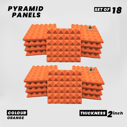 Pyramid Panels - Set of 18 | 1 Sqft, 2" Thick | 50 Density Studio Noise Reduction, Echo Absorption | Premium Grade | 3D Structure | ORANGE