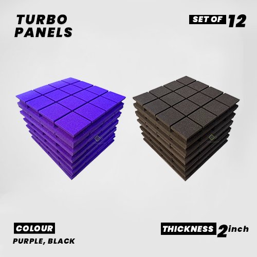 Turbo Panels - Set of 12 | 1 Sqft, 2" Thick | 50 Density Studio Noise Reduction, Echo Absorption | Premium Grade | 3D Structure with Grooves | 6 PURPLE, 6 BLACK