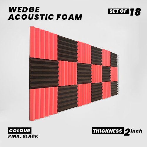 Wedge Panels - Set of 18 | 1 Sqft, 2" Thick | 50 Density Studio Noise Reduction, Echo Absorption | Premium Grade | 3D Structure | 9 PINK, 9 BLACK