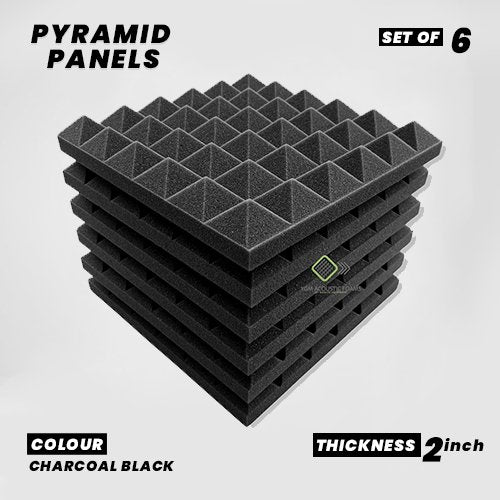 Pyramid Panels - Set of 6 | 1 Sqft, 2" Thick | 50 Density Studio Noise Reduction, Echo Absorption | Premium Grade | 3D Structure | Charcoal Black