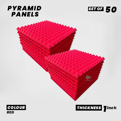 Pyramid Panels - Set of 50 | 1 Sqft, 1" Thick | 50 Density Studio Noise Reduction, Echo Absorption | Premium Grade | 3D Structure | RED