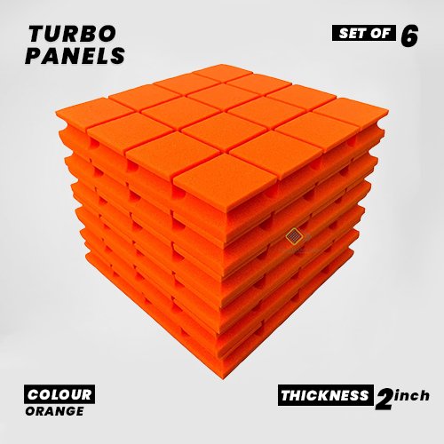 Turbo Panels - Set of 6 | 1 Sqft, 2" Thick | 50 Density Studio Noise Reduction, Echo Absorption | Premium Grade | 3D Structure with Grooves | ORANGE