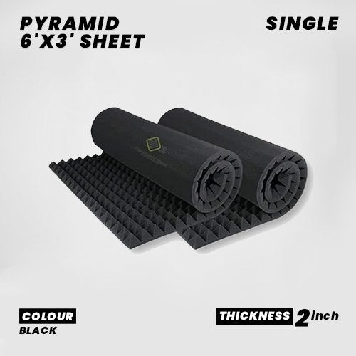 Pyramid 6'x3' Sheet - Single |2" Thick Covers 18 Sqft |32 Density Studio Noise Reduction, Echo Absorption | Premium Grade | 3D Structure | BLACK