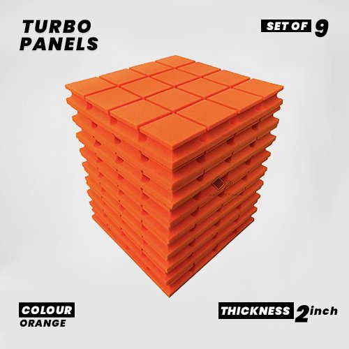 Turbo Panels - Set of 9 | 1 Sqft, 2" Thick | 50 Density Studio Noise Reduction, Echo Absorption | Premium Grade | 3D Structure with Grooves | ORANGE