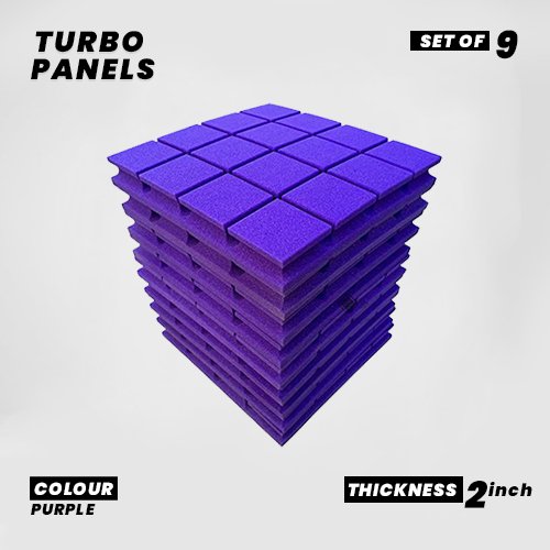 Turbo Panels - Set of 9 | 1 Sqft, 2" Thick | 50 Density Studio Noise Reduction, Echo Absorption | Premium Grade | 3D Structure with Grooves | PURPLE