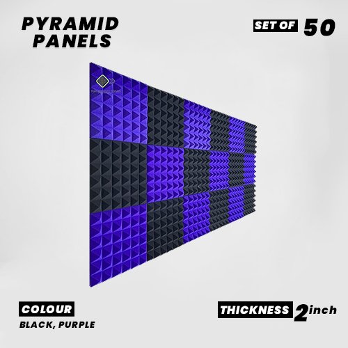 Pyramid Panels - Set of 50 | 1 Sqft, 2" Thick | 50 Density Studio Noise Reduction, Echo Absorption | Premium Grade | 3D Structure | 25 PURPLE, 25 BLACK