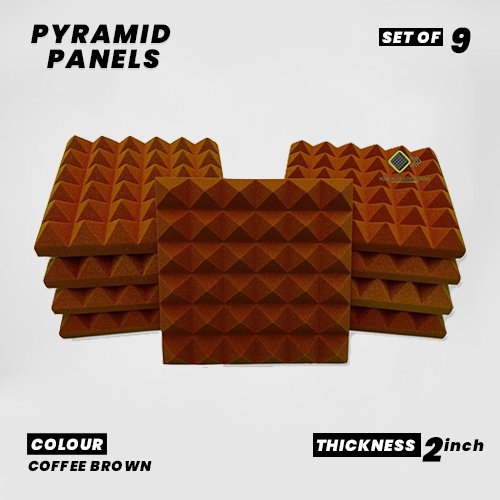 Pyramid Panels - Set of 9 | 1 Sqft, 2" Thick | 50 Density Studio Noise Reduction, Echo Absorption | Premium Grade | 3D Structure | COFFEE BROWN