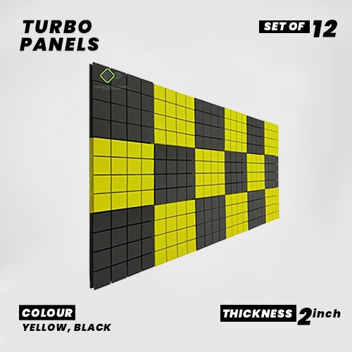 Turbo Panels - Set of 12 | 1 Sqft, 2" Thick | 50 Density Studio Noise Reduction, Echo Absorption | Premium Grade | 3D Structure with Grooves | 6 YELLOW, 6 BLACK