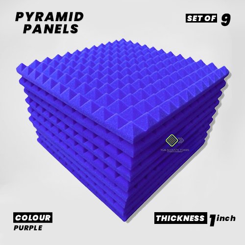 Pyramid Panels - Set of 9 | 1 Sqft, 1" Thick | 50 Density Studio Noise Reduction, Echo Absorption | Premium Grade | 3D Structure | PURPLE