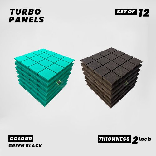 Turbo Panels - Set of 12 | 1 Sqft, 2" Thick | 50 Density Studio Noise Reduction, Echo Absorption | Premium Grade | 3D Structure with Grooves | 6 GREEN, 6 BLACK