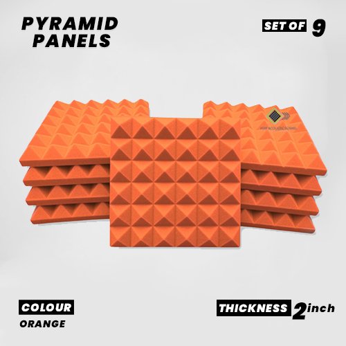 Pyramid Panels - Set of 9 | 1 Sqft, 2" Thick | 50 Density Studio Noise Reduction, Echo Absorption | Premium Grade | 3D Structure | ORANGE