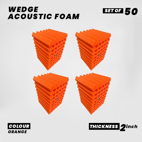 Wedge Panels - Set of 50 | 1 Sqft, 2" Thick | 50 Density Studio Noise Reduction, Echo Absorption | Premium Grade | 3D Structure | ORANGE