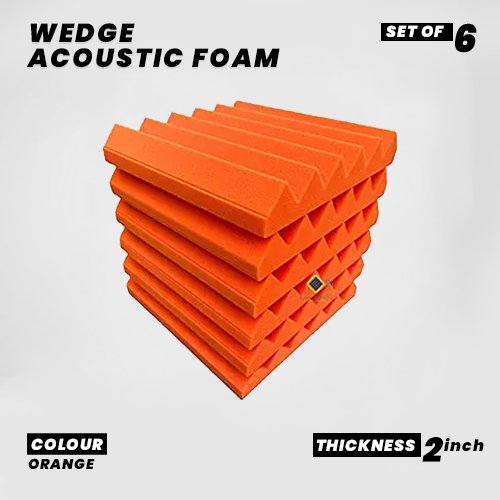 Wedge Panels - Set of 6 | 1 Sqft, 2" Thick | 50 Density Studio Noise Reduction, Echo Absorption | Premium Grade | 3D Structure | ORANGE