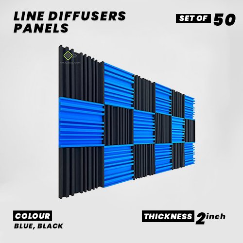 Line Diffusers Panels - Set of 50 | 1 Sqft, 2" Thick | 50 Density | Premium Grade | 3D Structure Broadband Sound Absorber - Periodic Groove Structure | 25 BLUE, 25 BLACK