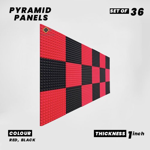 Pyramid Panels - Set of 36 | 1 Sqft, 1" Thick | 50 Density Studio Noise Reduction, Echo Absorption | Premium Grade | 3D Structure | 18 RED, 18 BLACK