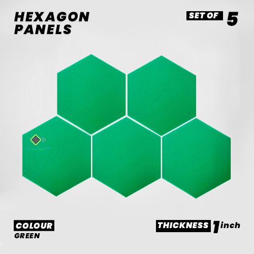 Hexagon Panels - Set of 5 | GREEN | 1 Sqft, 1" Thick | 50 Density Studio Noise Reduction, Echo Absorption | Premium Grade