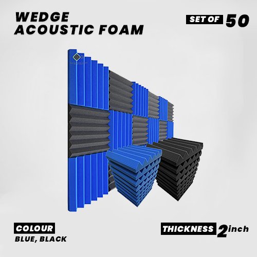 Wedge Panels - Set of 50 | 1 Sqft, 2" Thick | 50 Density Studio Noise Reduction, Echo Absorption | Premium Grade | 3D Structure | 25 BLUE, 25 BLACK