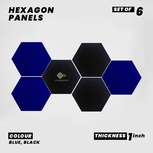 Hexagon Panels - Set of 6 | BLUE, BLACK | 1 Sqft, 1" Thick | 50 Density Studio Noise Reduction, Echo Absorption | Premium Grade