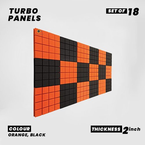 Turbo Panels - Set of 18 | 1 Sqft, 2" Thick | 50 Density Studio Noise Reduction, Echo Absorption | Premium Grade | 3D Structure with Grooves | 9 ORANGE, 9 BLACK