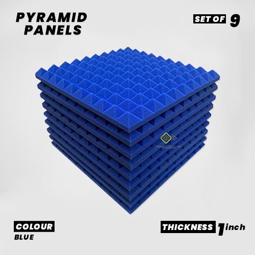 Pyramid Panels - Set of 9 | 1 Sqft, 1" Thick | 50 Density Studio Noise Reduction, Echo Absorption | Premium Grade | 3D Structure | BLUE