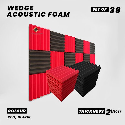 Wedge Panels - Set of 36 | 1 Sqft, 2" Thick | 50 Density Studio Noise Reduction, Echo Absorption | Premium Grade | 3D Structure | 18 RED, 18 BLACK