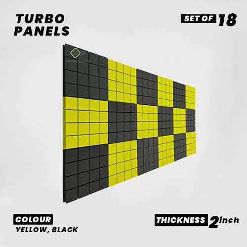 Turbo Panels - Set of 18 | 1 Sqft, 2" Thick | 50 Density Studio Noise Reduction, Echo Absorption | Premium Grade | 3D Structure with Grooves | 9 YELLOW, 9 BLACK